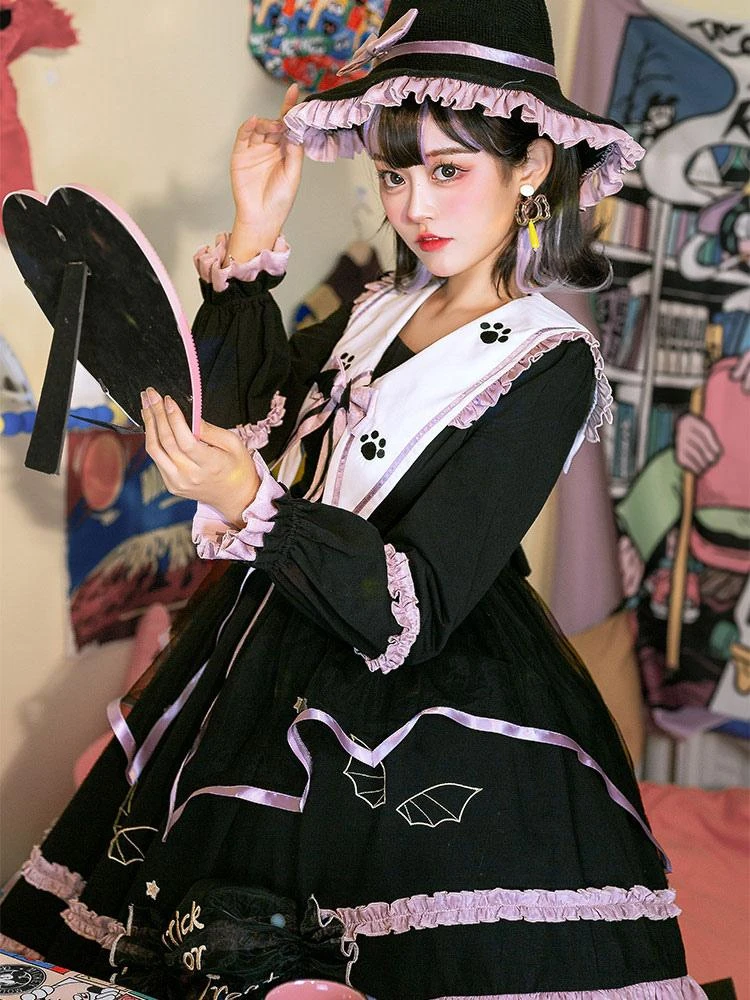 Gothic Lolita OP Dress Color Block Long Sleeves Ruffles Pleated Lace Up Black Lolita One Piece Dress - Image 7