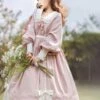 Sweet Lolita Dress Polyester Long Sleeves Ruffles Lace Bows Pink Sweet Lolita One Piece Dress