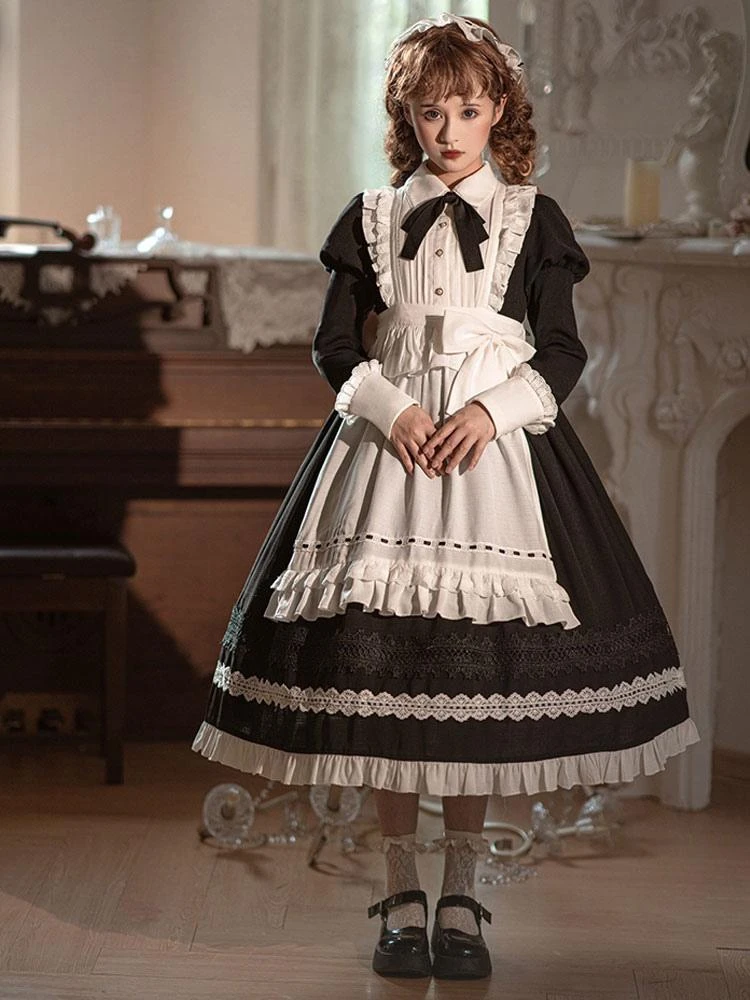 Gothic Lolita Dress Ruffles Bows Long Sleeves Polyester Maid Dress Black Lolita Dress Apron 2-Piece Set