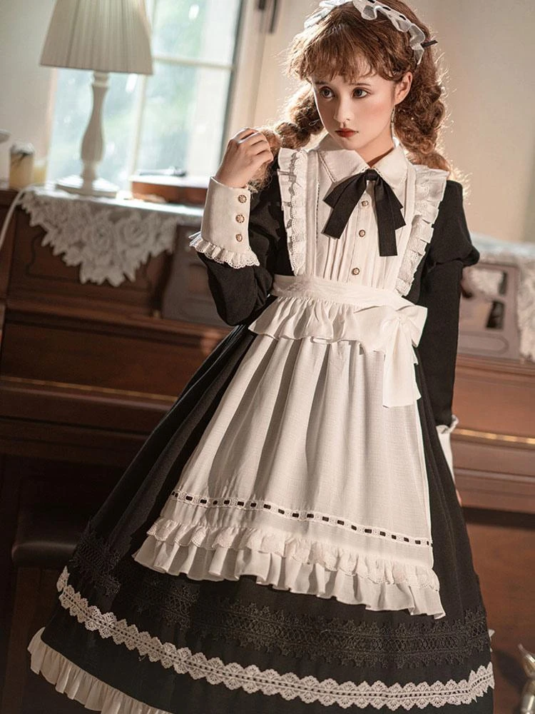 Gothic Lolita Dress Ruffles Bows Long Sleeves Polyester Maid Dress Black Lolita Dress Apron 2-Piece Set - Image 3