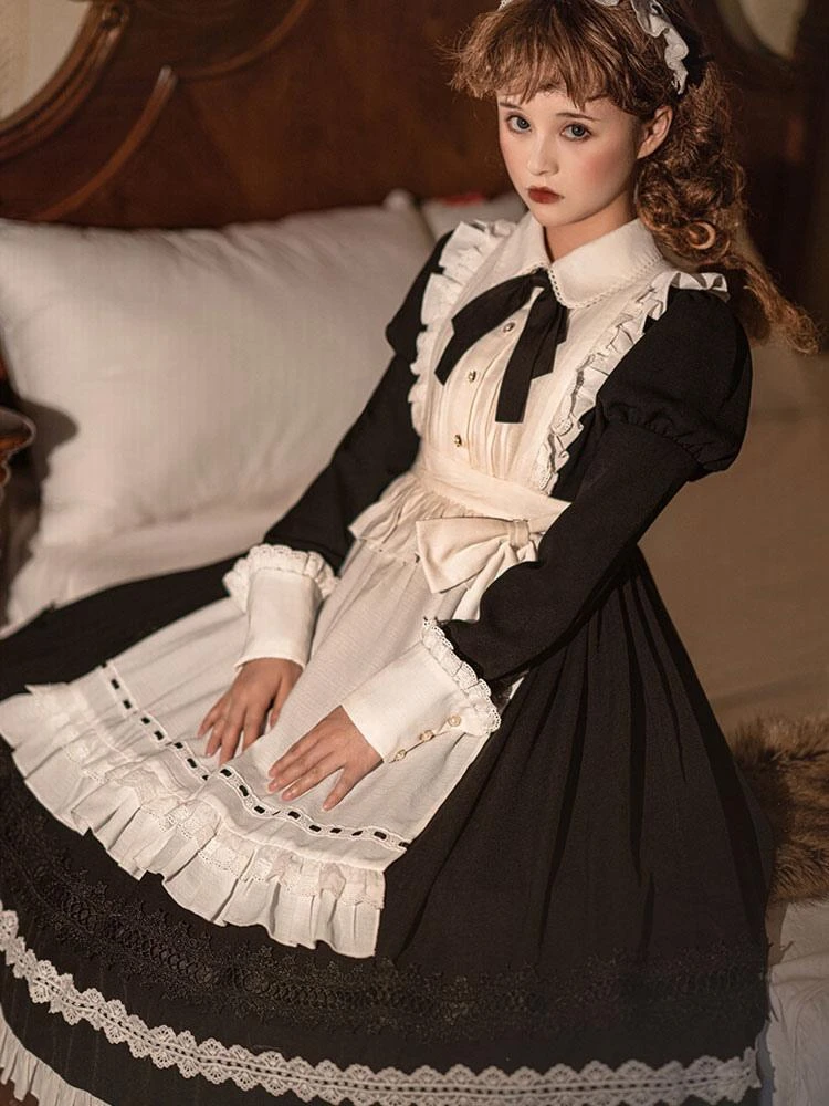Gothic Lolita Dress Ruffles Bows Long Sleeves Polyester Maid Dress Black Lolita Dress Apron 2-Piece Set - Image 4