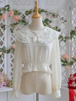 White Sweet Lolita Long Sleeves Ruffles Floral Print Lolita Shirt