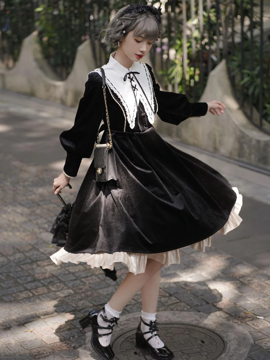 Lolita Dress 2-Piece Set Polyester Accessory Long Sleeves Ruffles Black Lolita Jumper Skirt - Image 4
