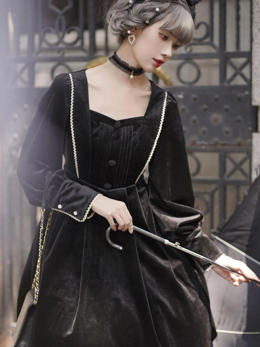 Lolita Dress 2-Piece Set Polyester Accessory Long Sleeves Ruffles Black Lolita Jumper Skirt - Image 3