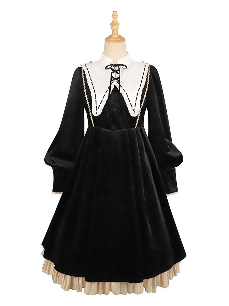 Lolita Dress 2-Piece Set Polyester Accessory Long Sleeves Ruffles Black Lolita Jumper Skirt - Image 5