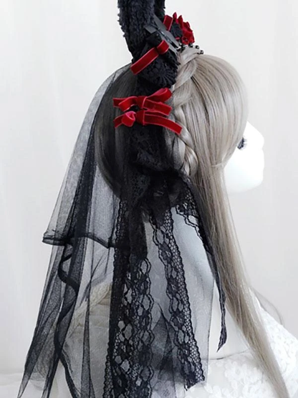Black Lolita Headdress Polyester Fiber Chains Lace Bows Lace Bow Rabbit Ears Lolita Headband - Image 3