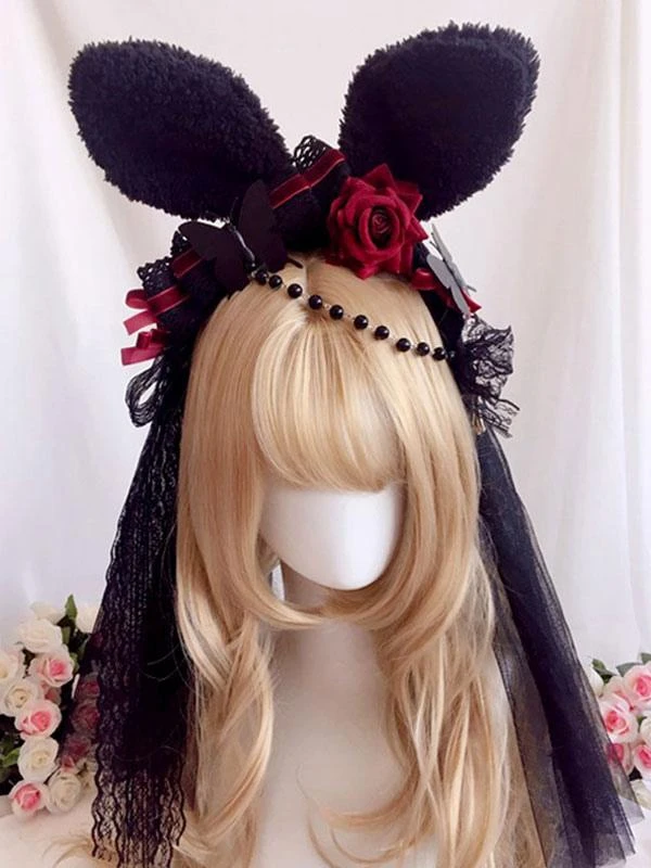 Black Lolita Headdress Polyester Fiber Chains Lace Bows Lace Bow Rabbit Ears Lolita Headband - Image 5