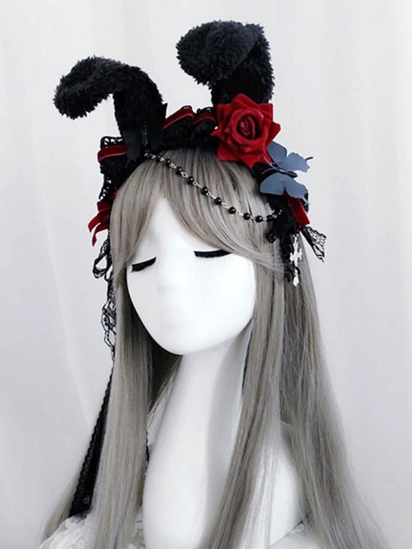 Black Lolita Headdress Polyester Fiber Chains Lace Bows Lace Bow Rabbit Ears Lolita Headband