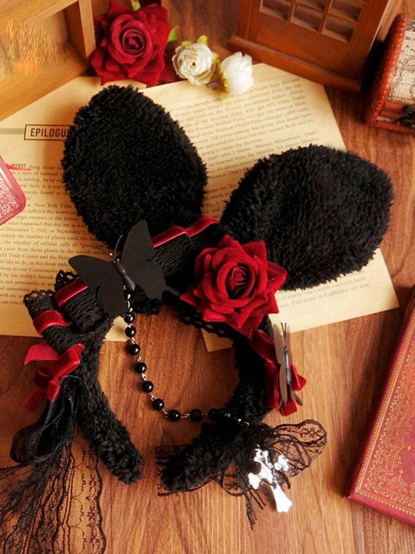Black Lolita Headdress Polyester Fiber Chains Lace Bows Lace Bow Rabbit Ears Lolita Headband - Image 6