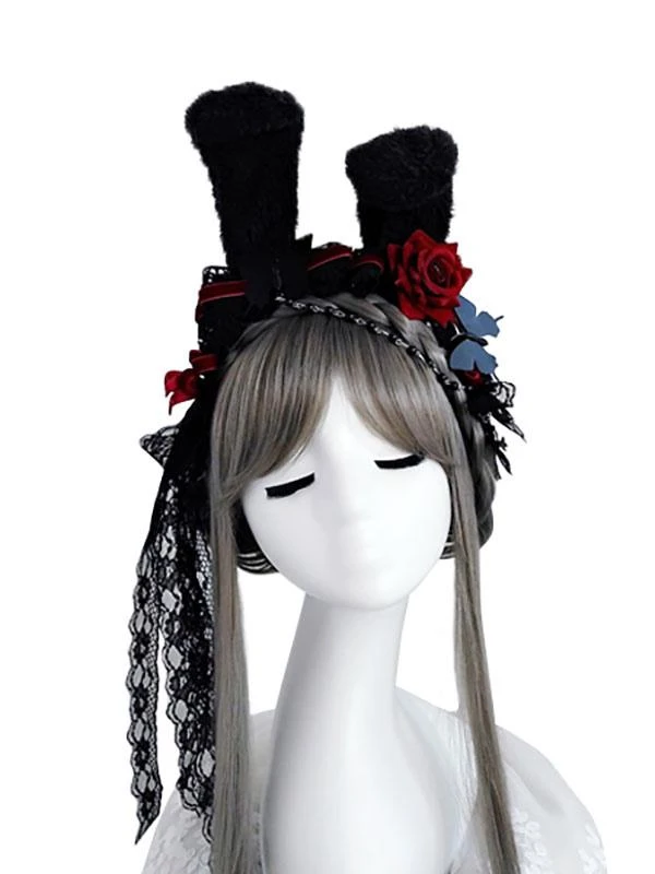 Black Lolita Headdress Polyester Fiber Chains Lace Bows Lace Bow Rabbit Ears Lolita Headband - Image 2