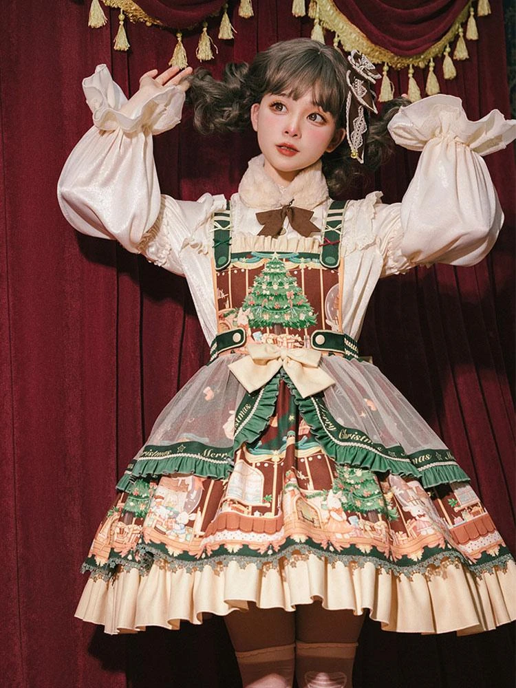 Sweet Lolita JSK Dress 4-Piece Set Polyester Sleeveless Christmas Lolita Jumper Skirt Outfit