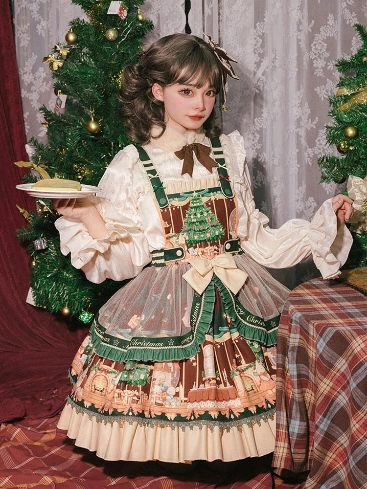 Sweet Lolita JSK Dress 4-Piece Set Polyester Sleeveless Christmas Lolita Jumper Skirt Outfit - Image 4
