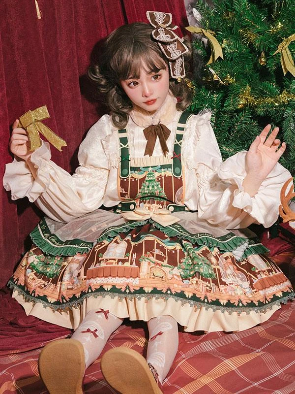 Sweet Lolita JSK Dress 4-Piece Set Polyester Sleeveless Christmas Lolita Jumper Skirt Outfit - Image 5