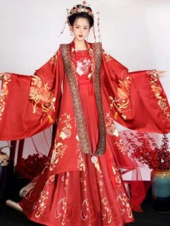 Chinese Style Lolita Dress 3-Piece Set Long Sleeve Floral Printed Polyester Red Lolita Dress Outfit
