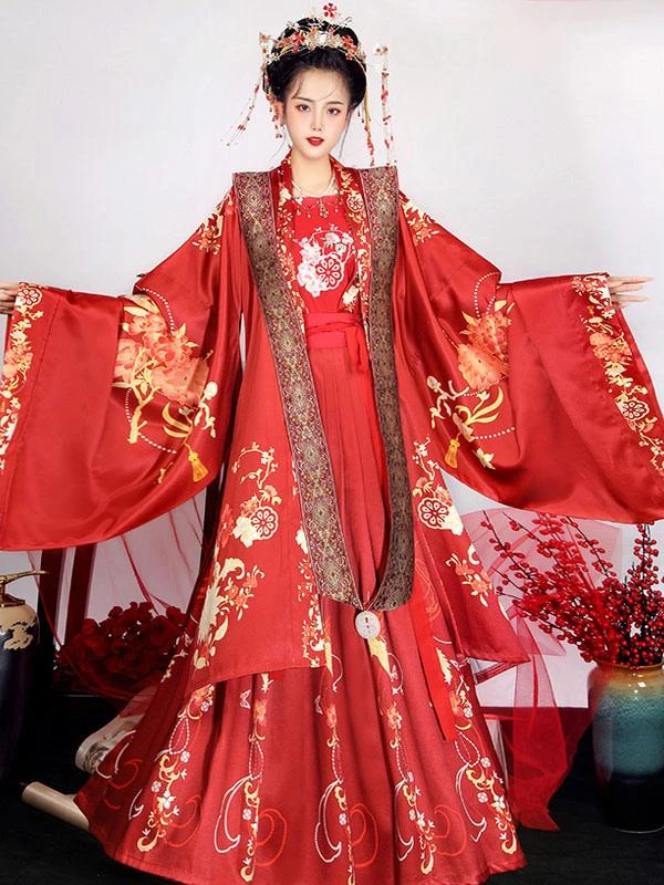Chinese Style Lolita Dress 3-Piece Set Long Sleeve Floral Printed Polyester Red Lolita Dress Outfit