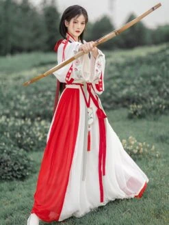 Chinese Style Lolita Dress 2-Piece Set Red White Long Sleeves Floral Printed Polyester Long Lolita Dress Outfit