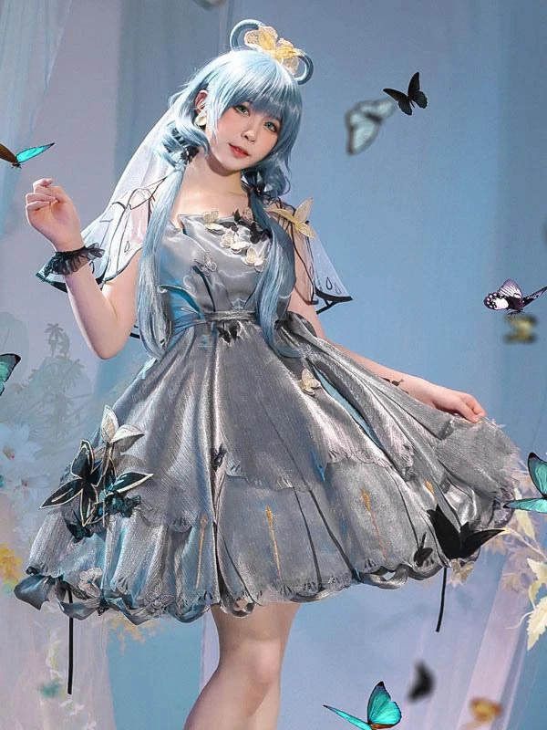 Sweet Lolita Dress 4-Piece Set Polyester Short Sleeves Ruffles Bows Gray Lolita Outfit