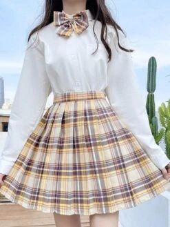 Sweet Lolita Mini Skirt Plaid Pattern Bows Polyester Academic Mini Skirt