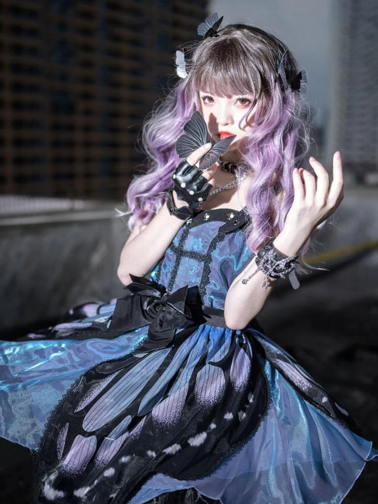 Punk Gothic Lolita JSK Dress Butterfly Sleeveless Bows Blue Lolita Jumper Skirt - Image 3