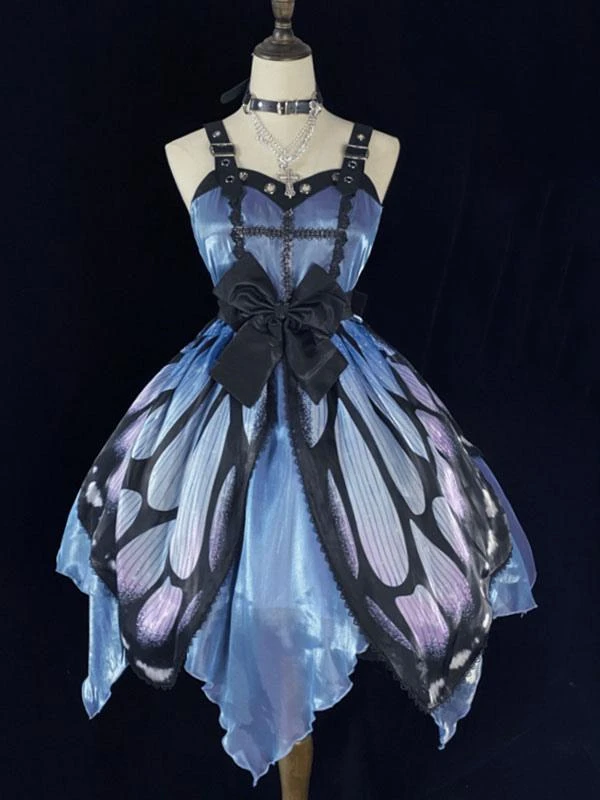 Punk Gothic Lolita JSK Dress Butterfly Sleeveless Bows Blue Lolita Jumper Skirt - Image 4