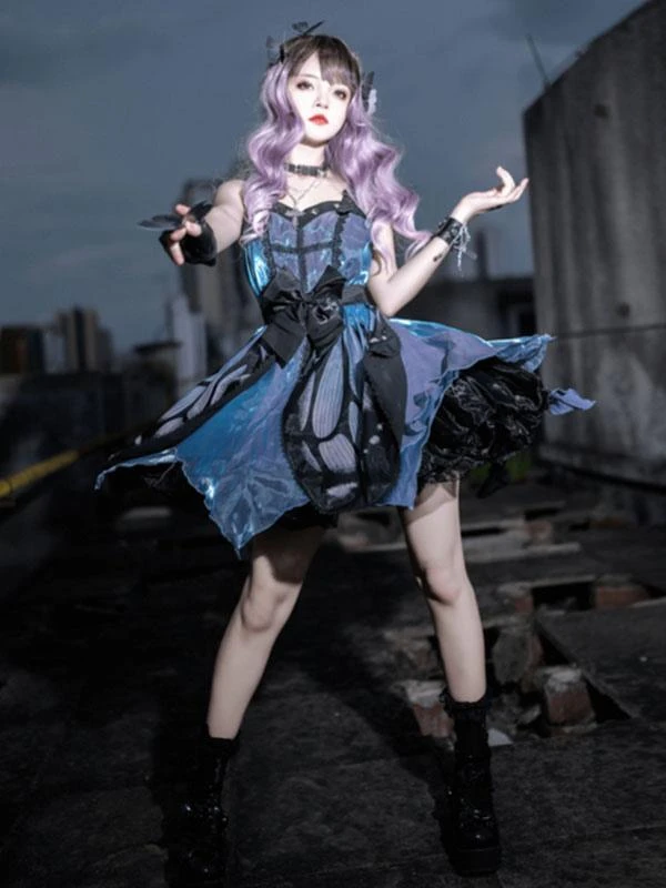 Punk Gothic Lolita JSK Dress Butterfly Sleeveless Bows Blue Lolita Jumper Skirt - Image 2