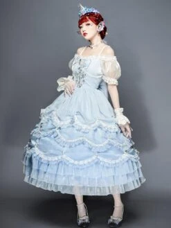 Sweet Lolita OP Dress Polyester Short Sleeves Light Blue Sweet Lolita One Piece Dress