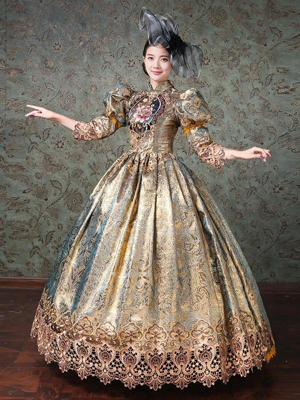 Rococo Victorian Dress Prom Dress Chinese Style Floral Print Lace 3/4-Length Sleeve Champagne Classical Lolita Dress - Image 4