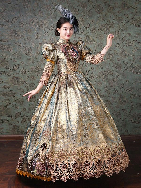 Rococo Victorian Dress Prom Dress Chinese Style Floral Print Lace 3/4-Length Sleeve Champagne Classical Lolita Dress - Image 2