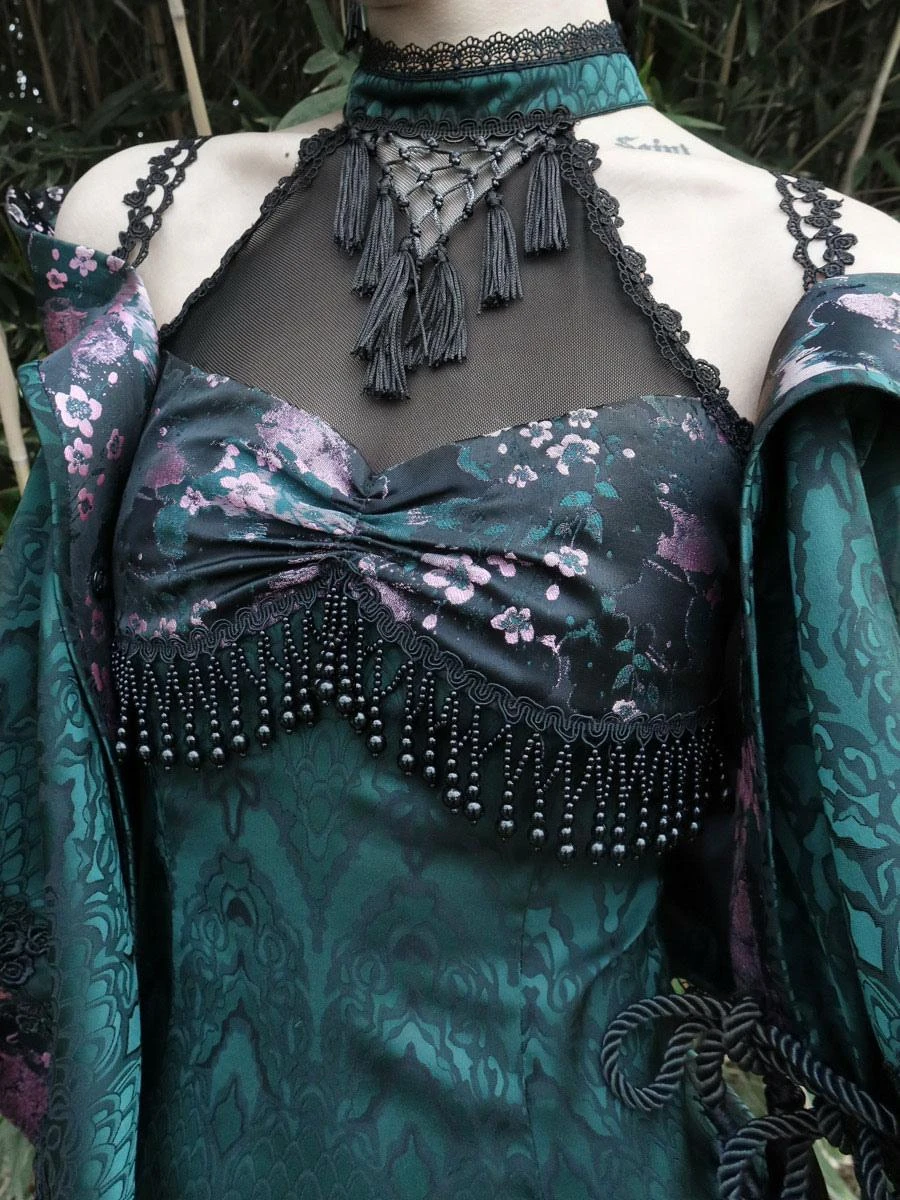 Gothic Lolita JSK Dress Fringe Lace Color Floral Print Sleeveless Dark Green Lolita Jumper Skirts - Image 4