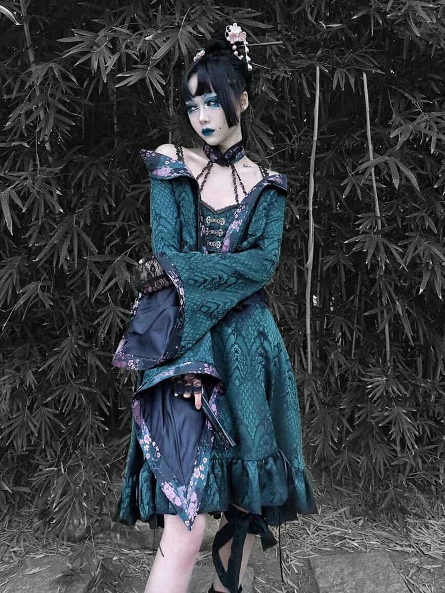 Gothic Lolita Top Polyester Lace Fringe Floral Print Cardigan Long Sleeve Dark Green Lolita Shirt - Image 5