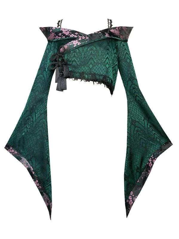 Gothic Lolita Top Polyester Lace Fringe Floral Print Cardigan Long Sleeve Dark Green Lolita Shirt - Image 7