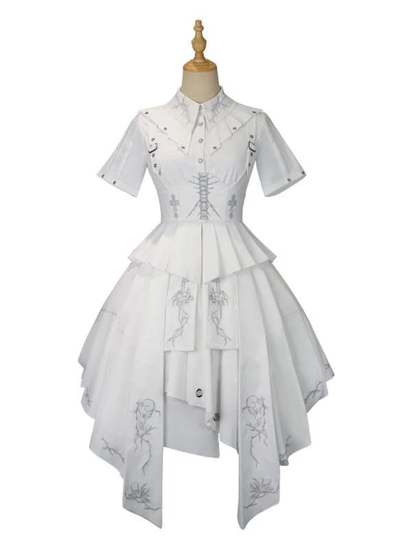 Military Style Gothic Lolita OP Dress Side Draping Short Sleeve White Lolita One Piece Dress - Image 3