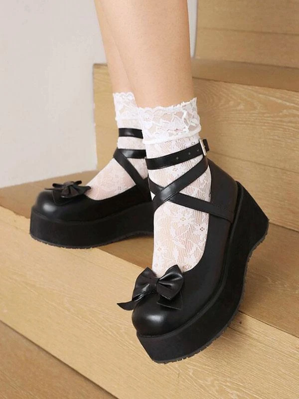 Sweet Lolita Shoes White Bows Bow PU Leather Wedge Heel Lolita Pumps - Image 6