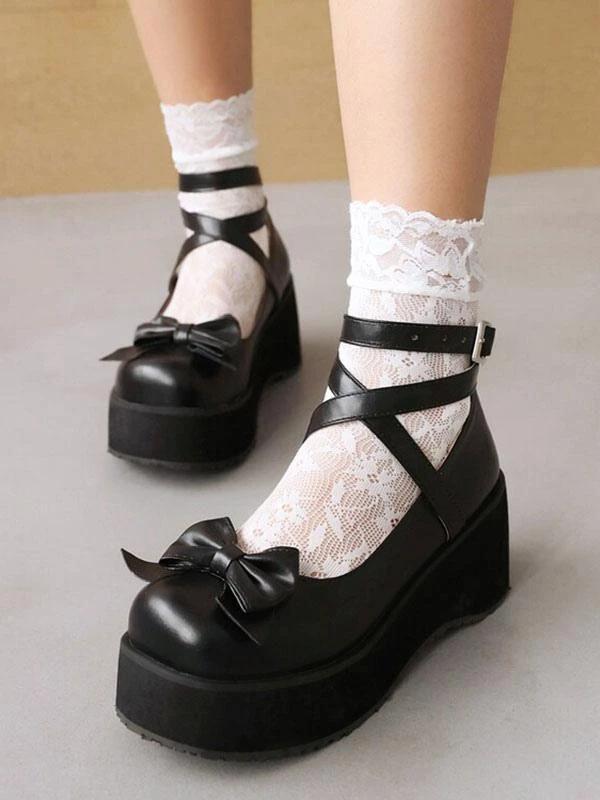 Sweet Lolita Shoes White Bows Bow PU Leather Wedge Heel Lolita Pumps - Image 5
