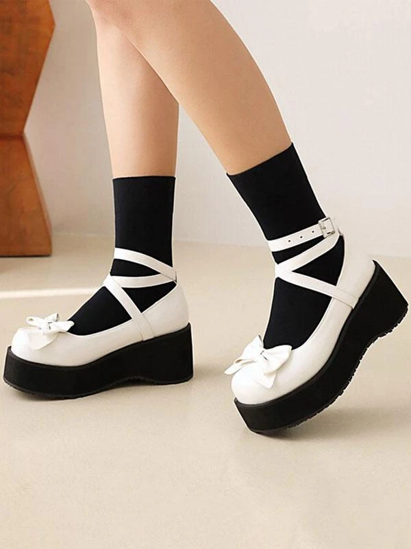 Sweet Lolita Shoes White Bows Bow PU Leather Wedge Heel Lolita Pumps - Image 2