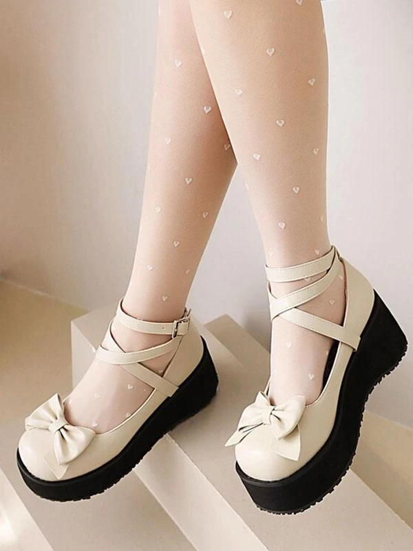 Sweet Lolita Shoes White Bows Bow PU Leather Wedge Heel Lolita Pumps - Image 3