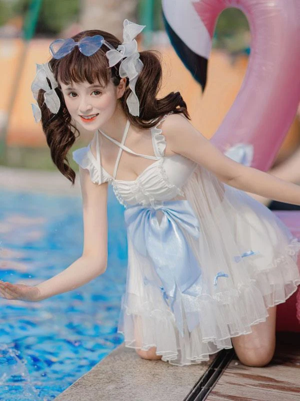 Sweet Swimsuits 2-Piece Set Bows Ruffles White Lolita Kawaii Bathing Suits For Women - Image 5
