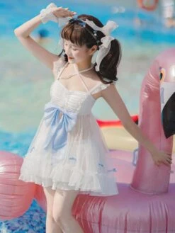 Sweet Swimsuits 2-Piece Set Bows Ruffles White Lolita Kawaii Bathing Suits For Women