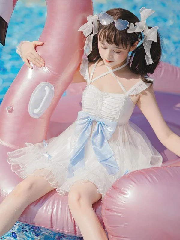 Sweet Swimsuits 2-Piece Set Bows Ruffles White Lolita Kawaii Bathing Suits For Women - Image 3