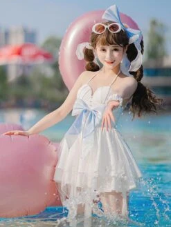 Sweet One Piece Swimsuits Ruffles Bows White Lolita Cute Jumpsuit For Women