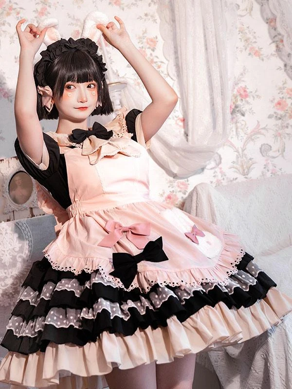 Sweet Lolita Dress Apron Bows Polka Dot Polyester Short Sleeves Black Lolita One Piece Dress