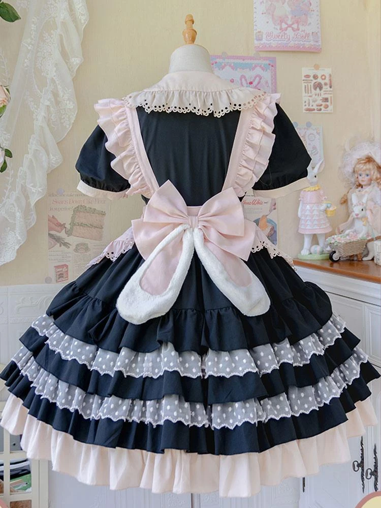 Sweet Lolita Dress Apron Bows Polka Dot Polyester Short Sleeves Black Lolita One Piece Dress - Image 7