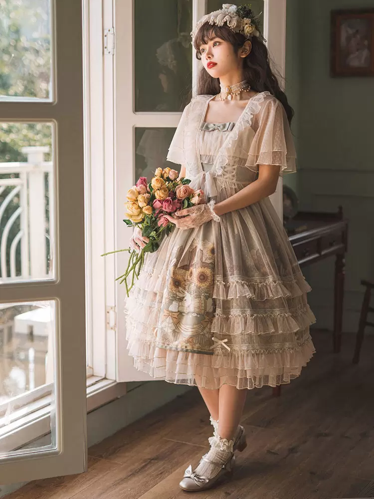 Sweet Lolita Dresses Floral Print Bows Lace Up Polyester Sleeveless Green Lolita Jumper Skirts - Image 3