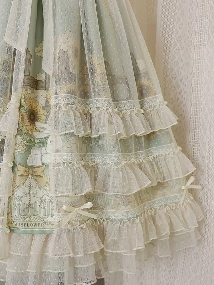 Sweet Lolita Dresses Floral Print Bows Lace Up Polyester Sleeveless Green Lolita Jumper Skirts - Image 10