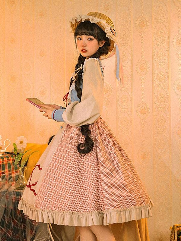 Sweet Lolita Dress Plaid Long Sleeves Country Lolita One Piece Dress - Image 3