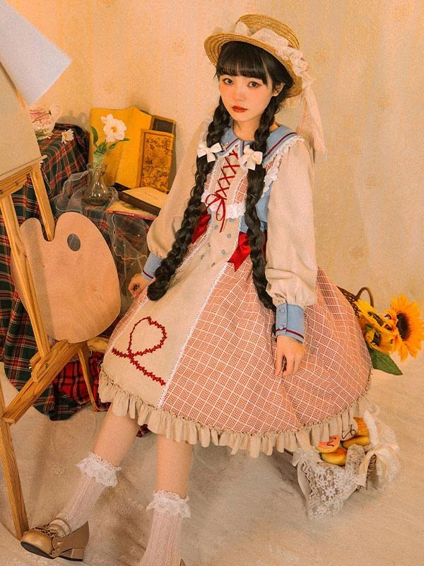 Sweet Lolita Dress Plaid Long Sleeves Country Lolita One Piece Dress - Image 2