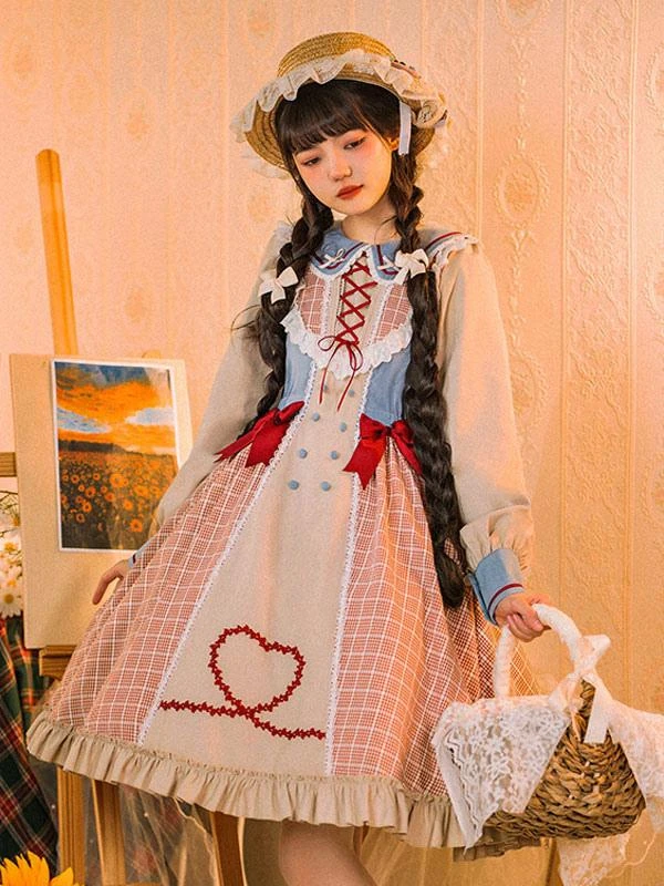 Sweet Lolita Dress Plaid Long Sleeves Country Lolita One Piece Dress