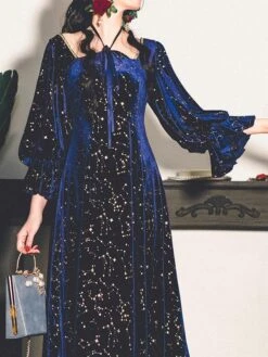 Classic Lolita Dress Stars Print Long Sleeve Deep Blue Lolita One Piece Dress