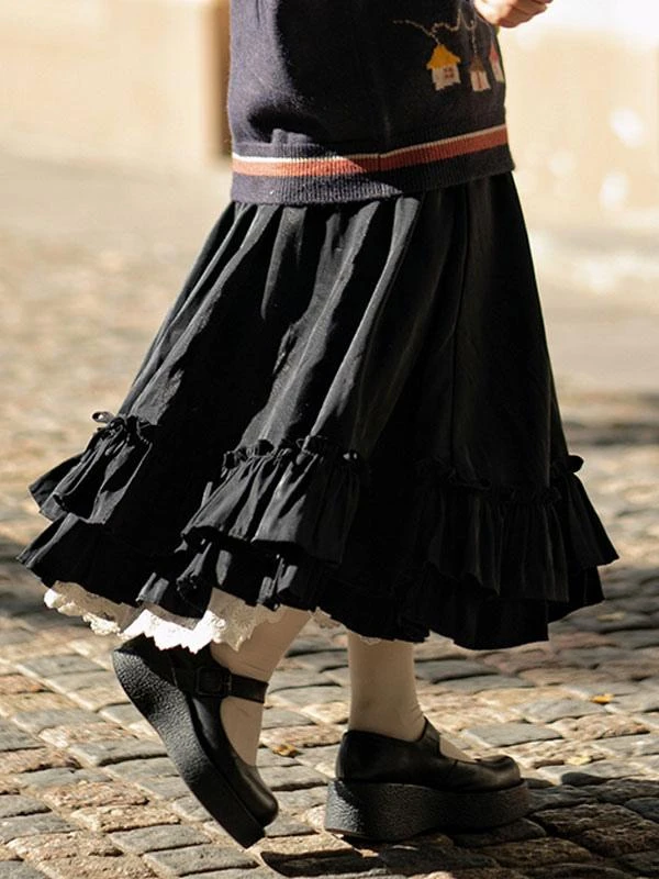 Retro Lolita Skirt PINKWINK Little Starry Night Ruffle A-line Skirt Hepburn Black Skirt - Image 4