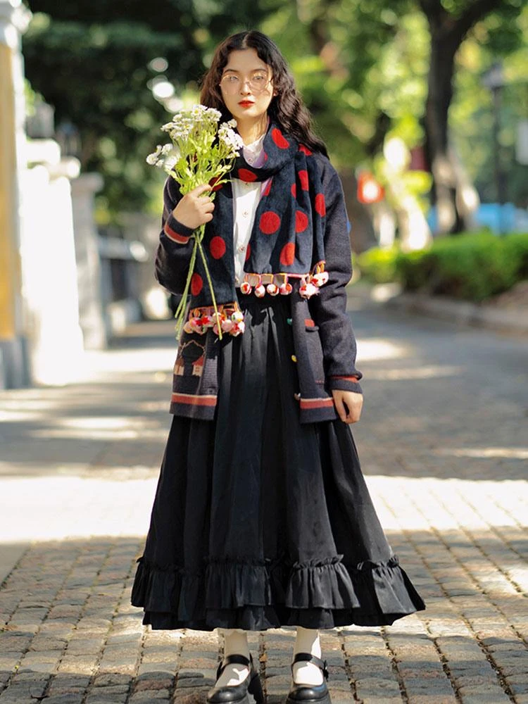 Retro Lolita Skirt PINKWINK Little Starry Night Ruffle A-line Skirt Hepburn Black Skirt - Image 2